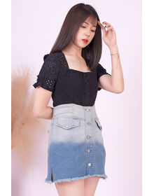 Fine Square Neck Shirred Front Button Down Eyelet Top (Black)